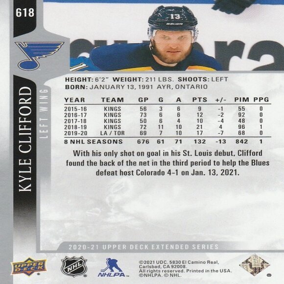 Kyle Clifford - 2020/2021 Upper Deck Extended Series Hockey Card - Picture 2 of 2